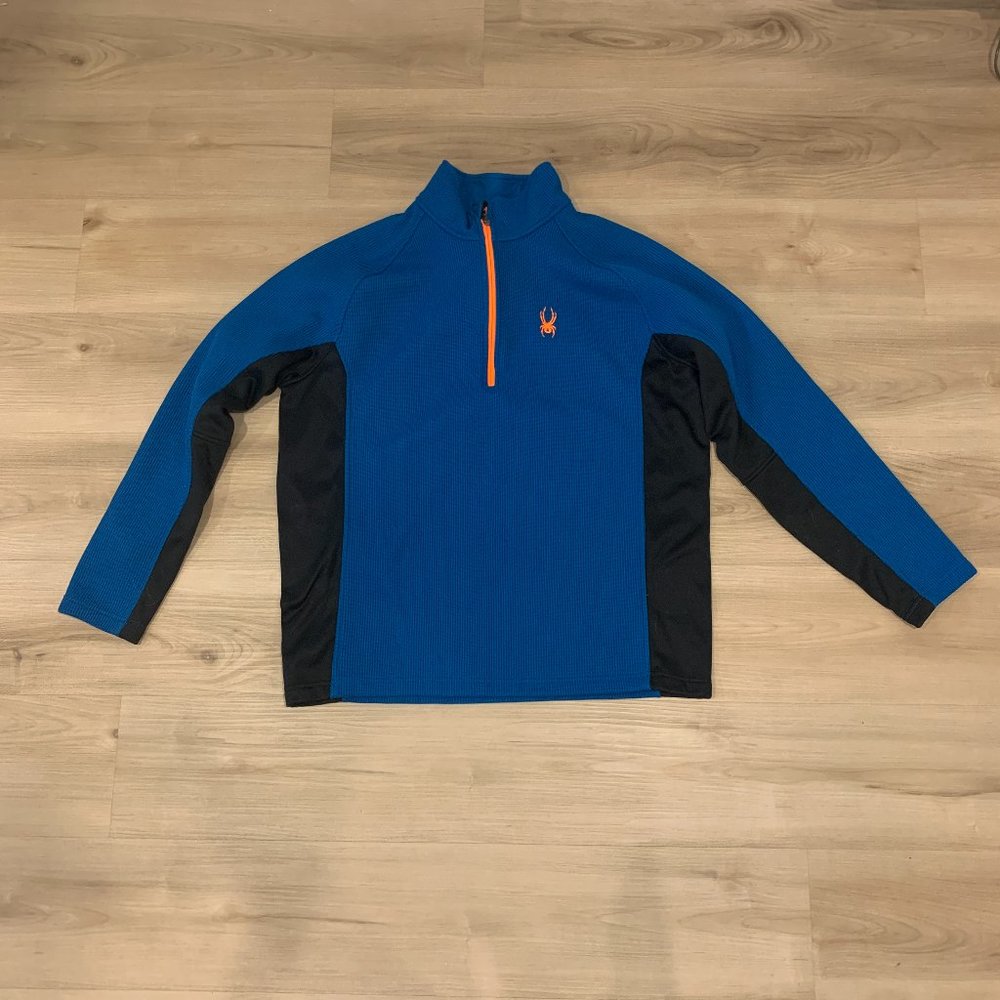 Spyder Bright Blue Men's XL 1/4 zip pullover sweater in bright blue and orange